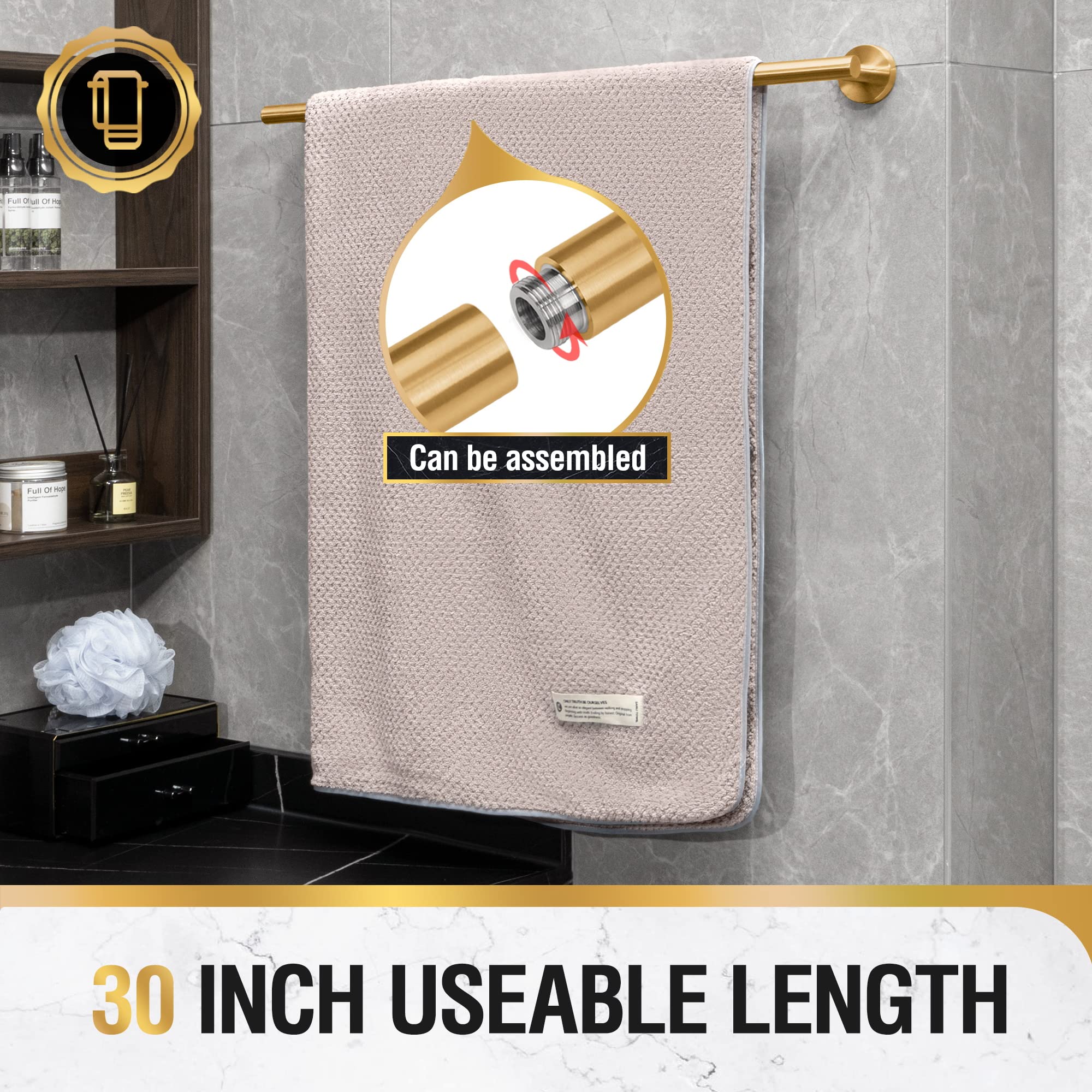 Hitslam Gold 31.6 Inch Towel Bar For Bathroom, Sus304 Stainless Steel Bathroom Towel Rack Wall Mounted, Modern Home Decor Bath T